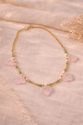 Collar Hojas de Cuarzo Rosado, Esmeraldas y Perlas
