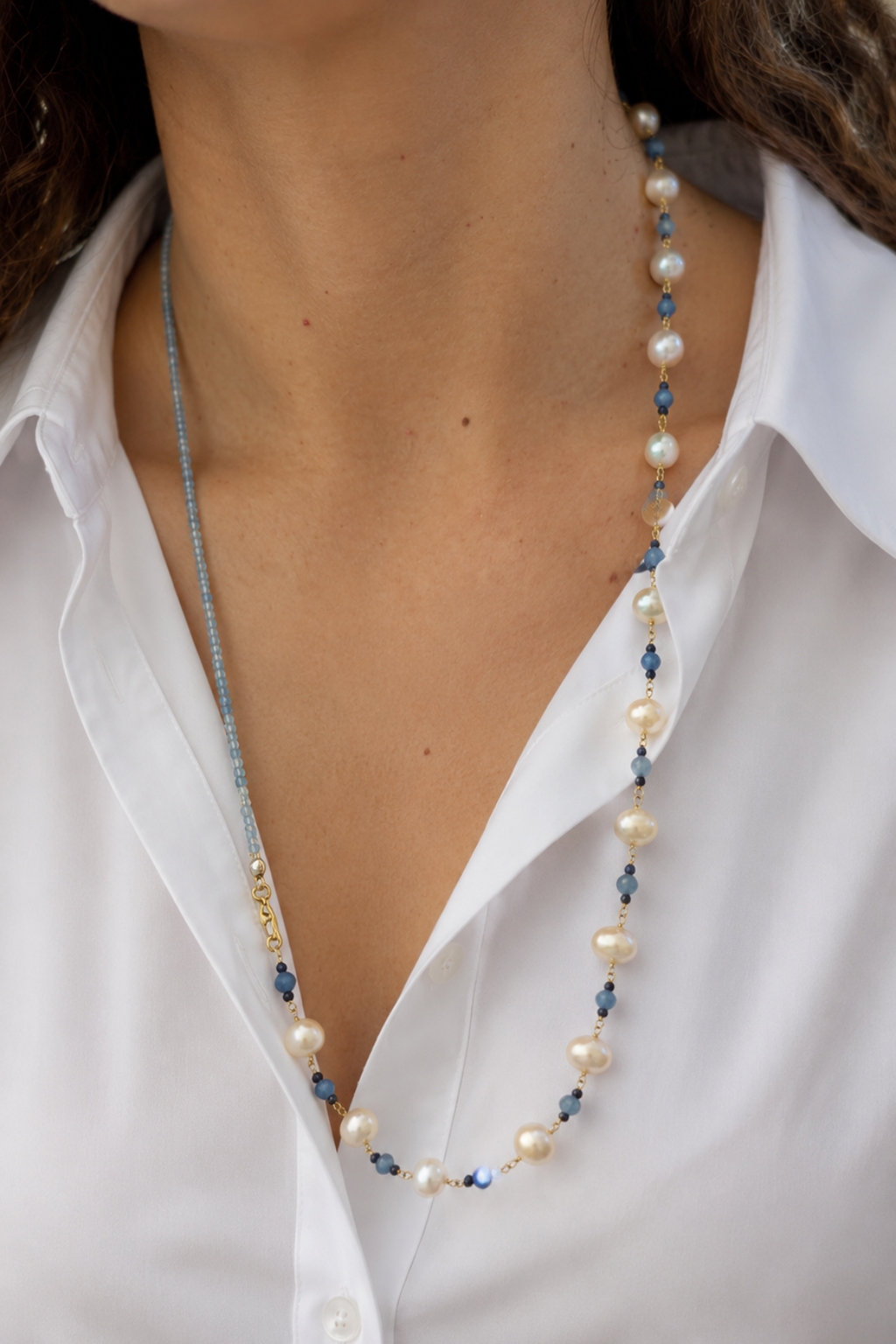 Collar Perlas, Aguamarinas y Zafiros