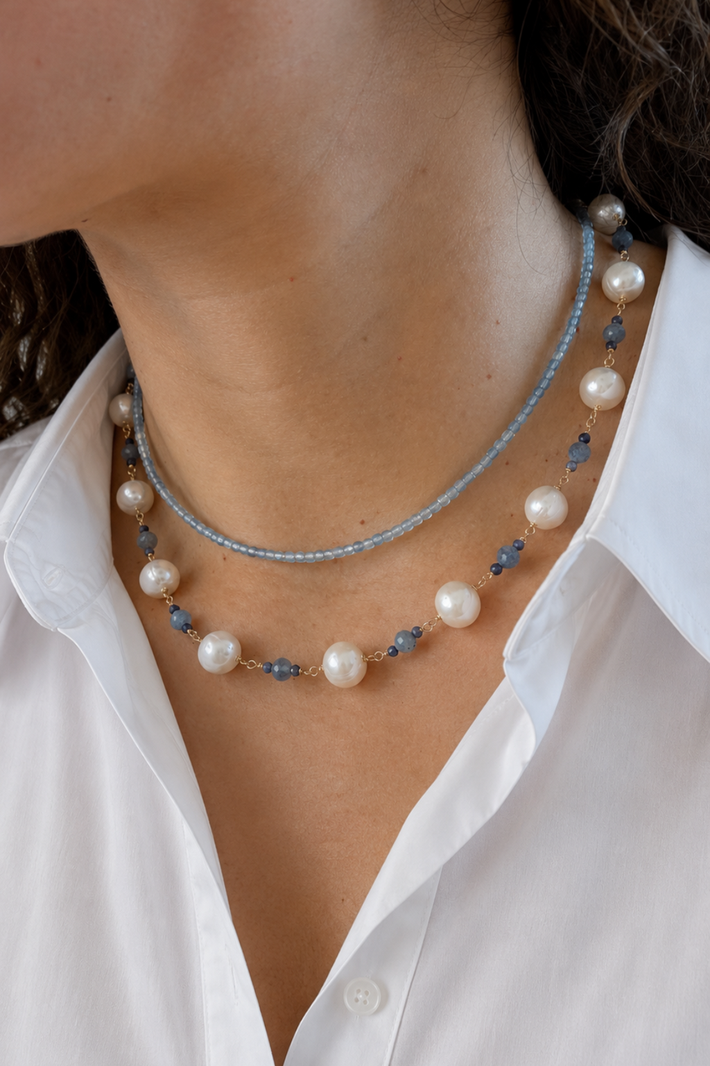 Collar Perlas, Aguamarinas y Zafiros